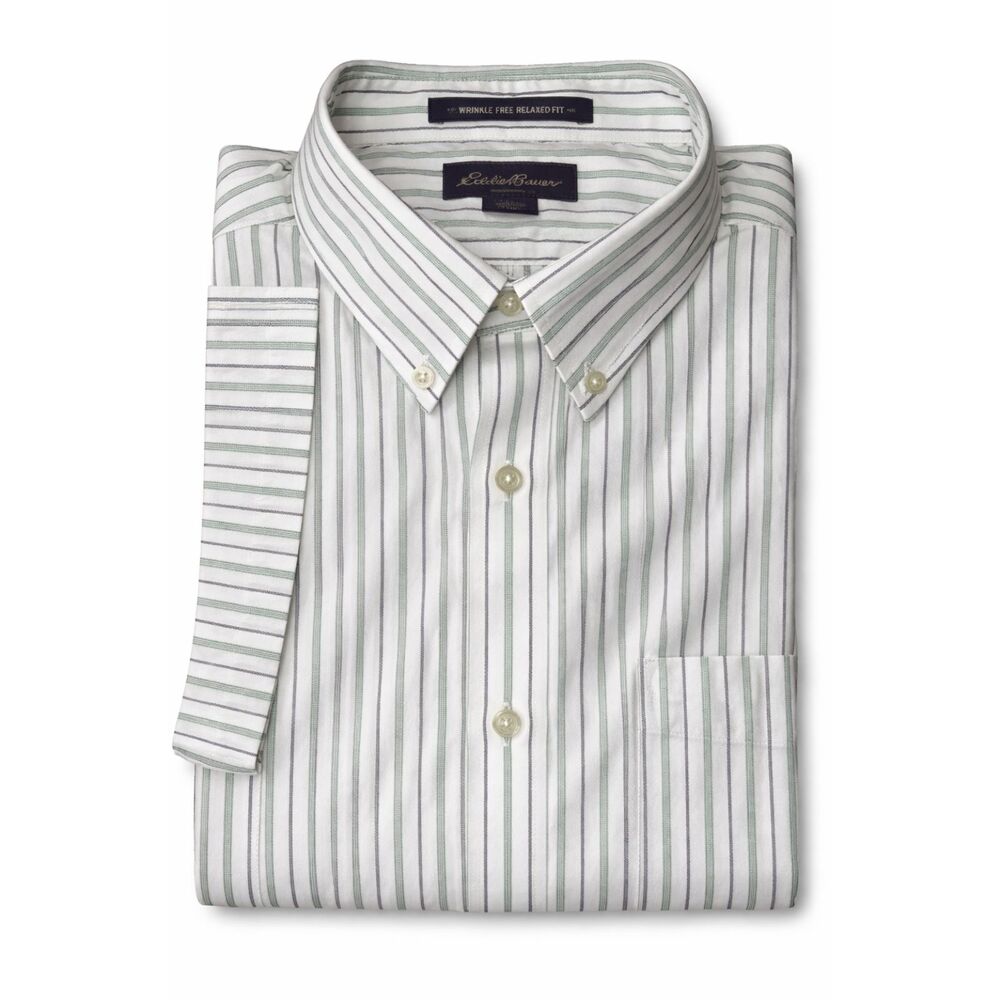 Eddie Bauer Green Striped Button Down Shirt Cotton Wrinkle Free Pocket Tall XL